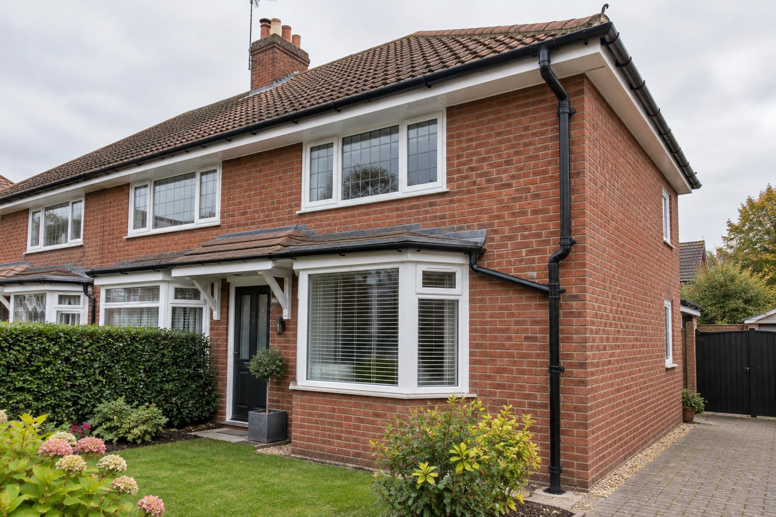 Black guttering and downpipe on a red brick semi-detached home