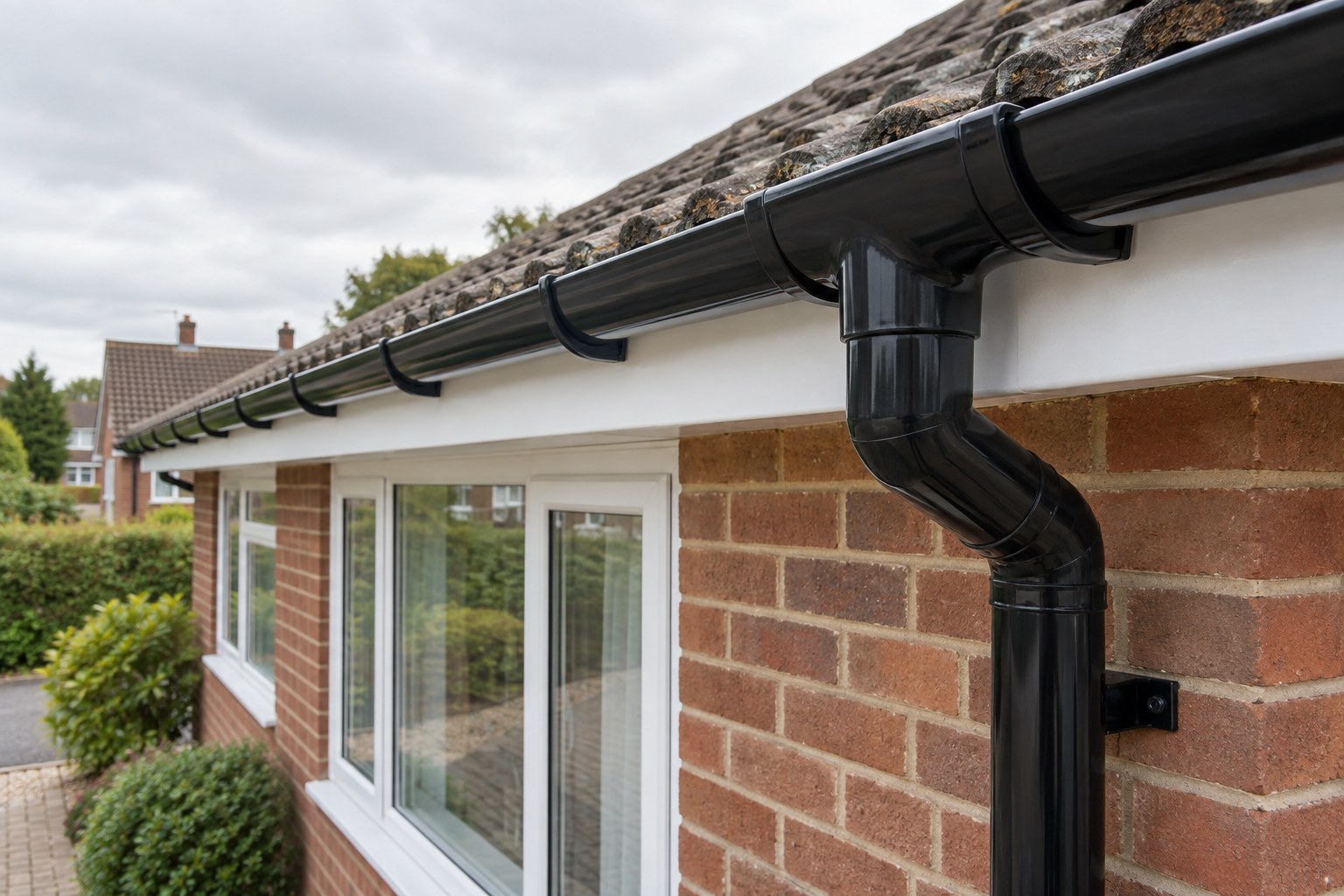 New black guttering and a connected downpipe along the white fascia of a brick bungalow