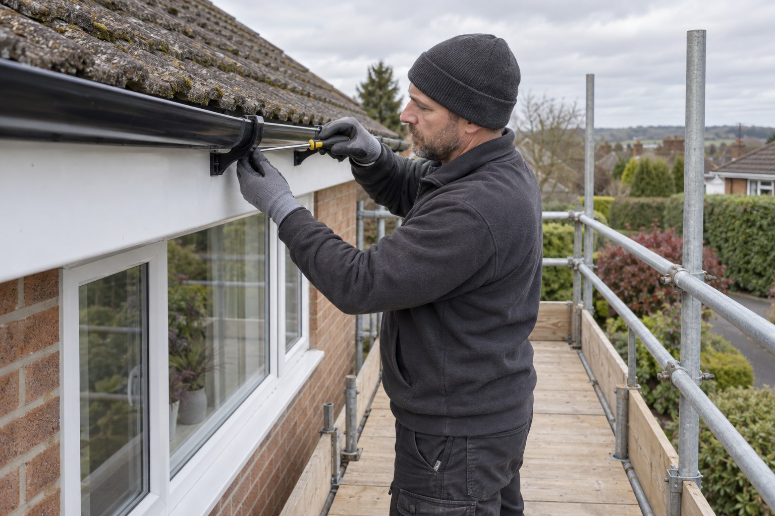 Worker checking a gutter support bracket from a guarded scaffold beside a bungalow