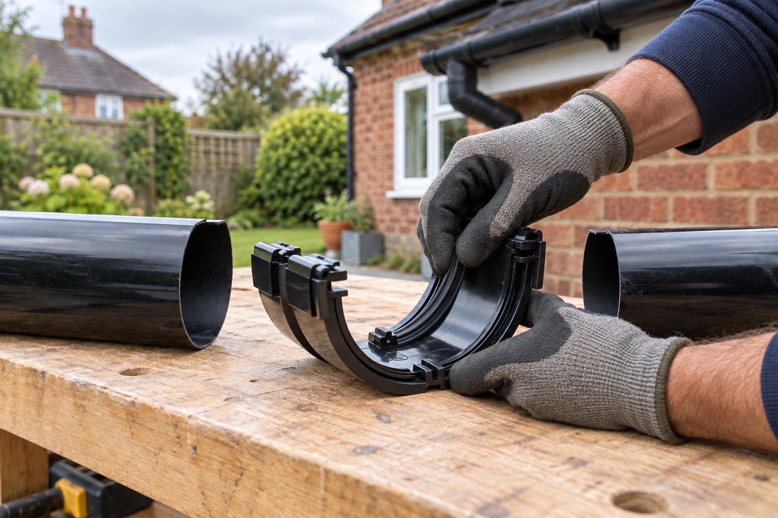Gloved hands seating a rubber gasket into a black gutter union on a garden workbench