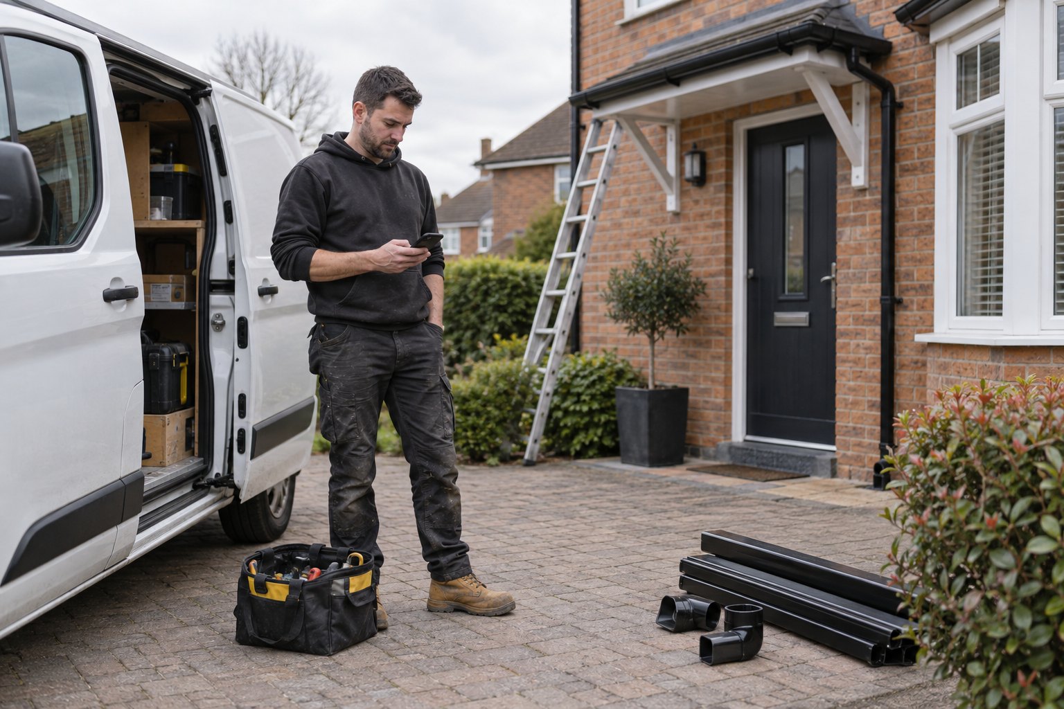 Guttering contractor checking a mobile phone beside a white van