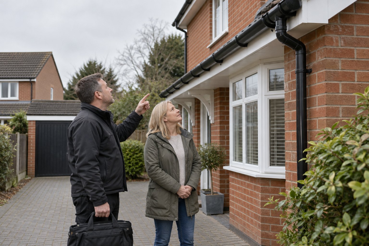 Surveyor and homeowner looking at guttering from a driveway beside a brick house