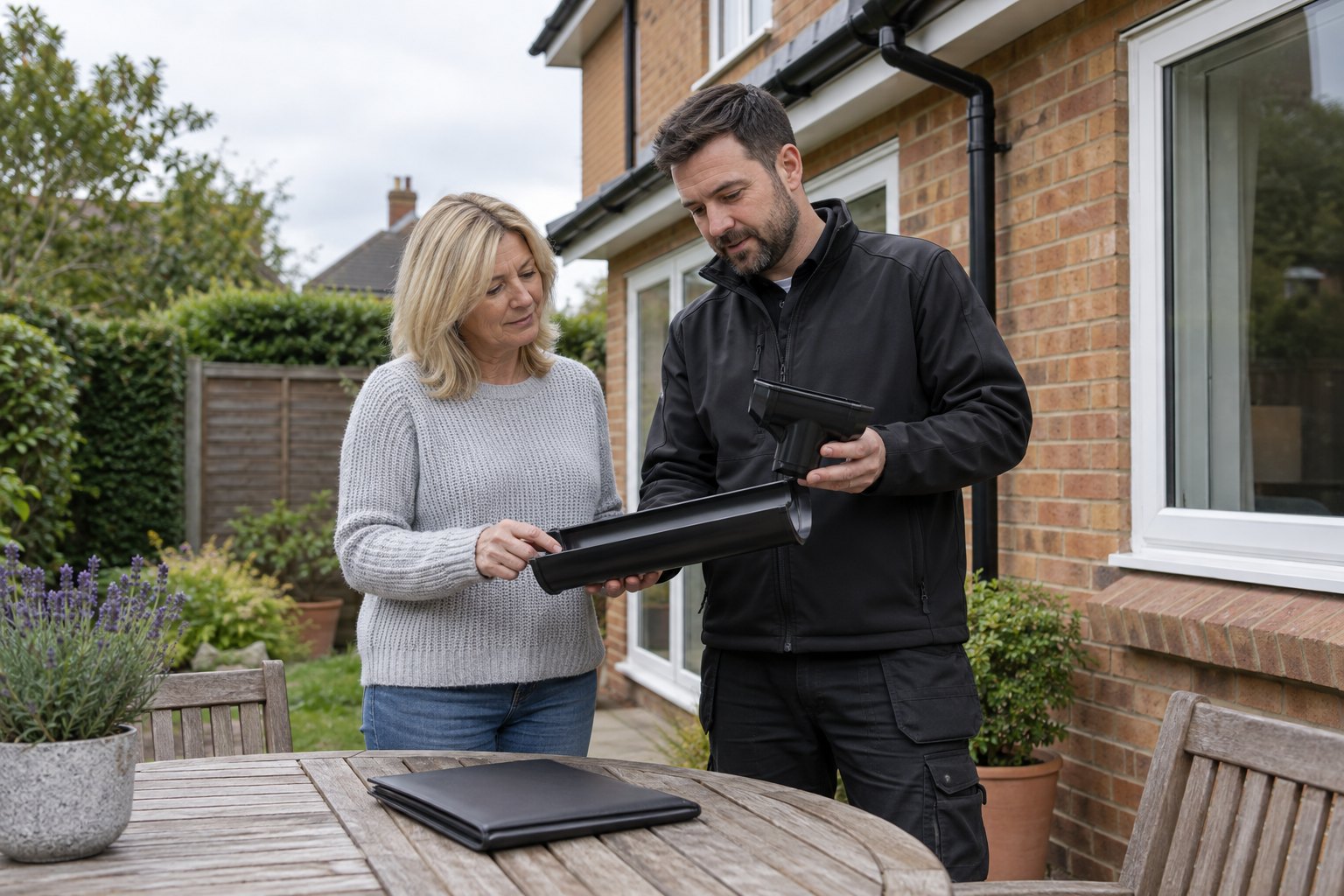Homeowner and surveyor discussing gutter samples at an outdoor table