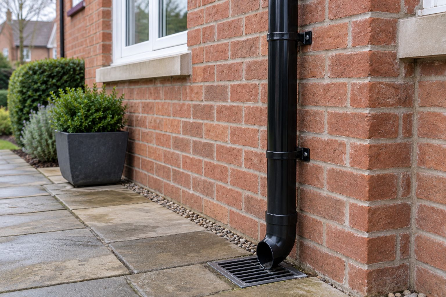 Black downpipe with wall clips and a shoe above a grated rainwater gully beside brickwork