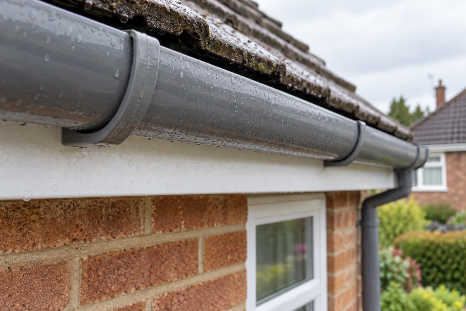 Repaired grey gutter section with intact joints during light rain